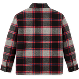Back of black, gray, and red plaid wool jacket