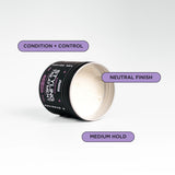 Open jar of styling treatment and list of selling points: condition and control, neutral finish, and medium hold.