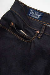 Close up of front pocket, belt loop, and waistband