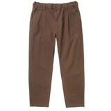 Front of a pair of brown tapered pants with pleats and a button closure