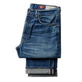Folded medium shade, stone-washed indigo denim