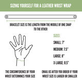 Infographic describing how to size bracelet: circumference of wrist determines size with small=7", medium=7.5", large=8", extra large=8.5". Email us after you order if your wrist size is larger or smaller